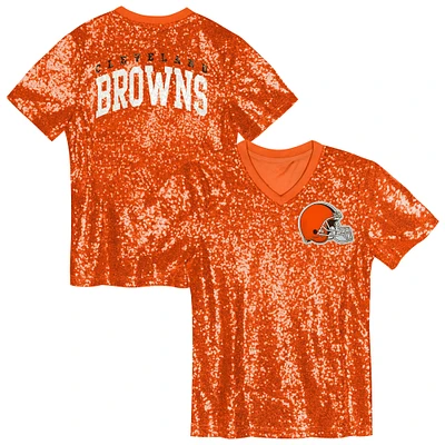 Haut orange à col en V et sequins avec inscription Cleveland Browns pour filles