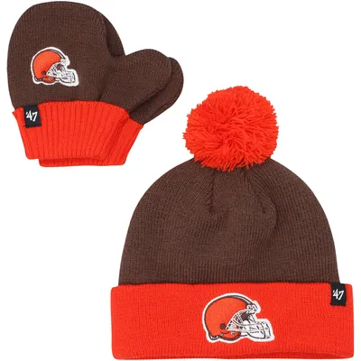 Bonnet en tricot à revers Bam Bam des Cleveland Browns pour bébé '47 marron/orange avec pompon et ensemble de mitaines