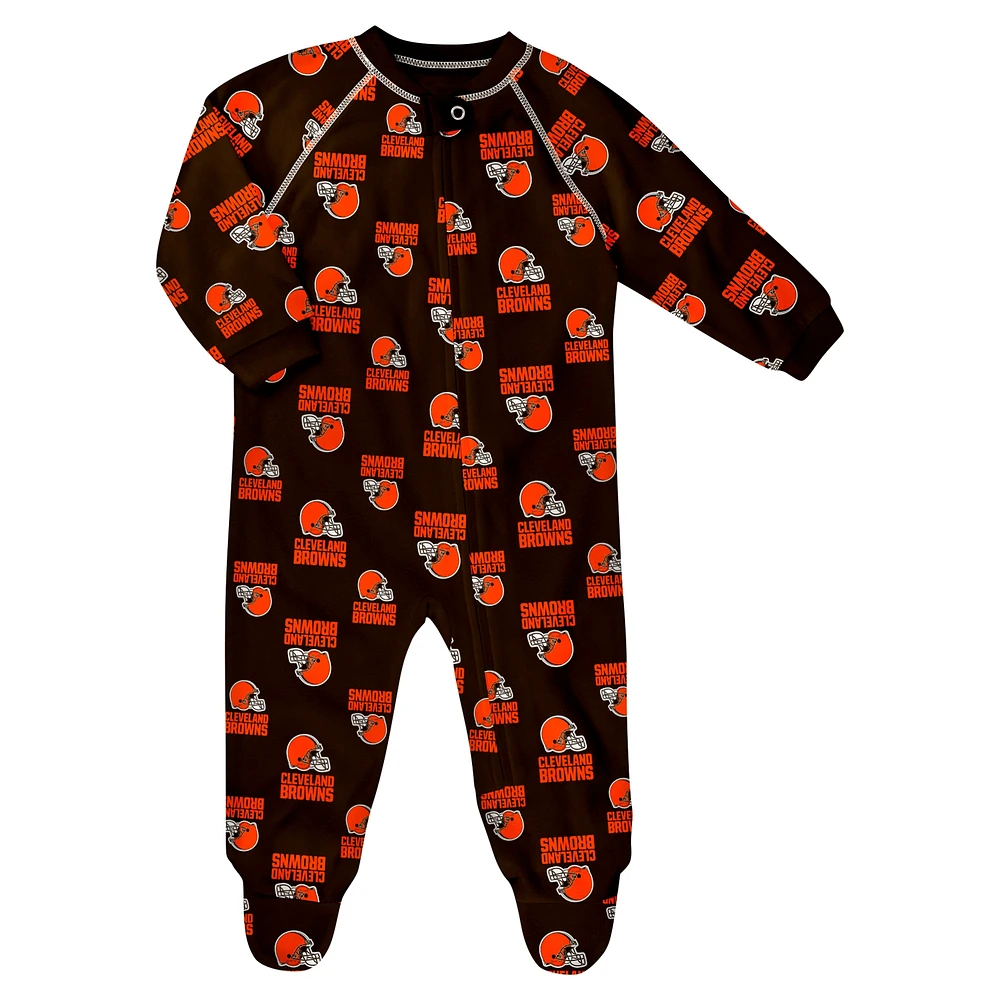 Infant  Brown Cleveland Browns Allover Print Raglan Full-Zip Sleeper