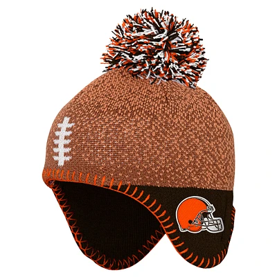 Bonnet tricoté marron pour bébé avec pompon et motif tête de football des Cleveland Browns