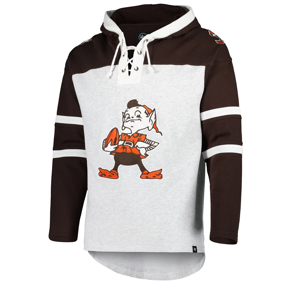 Men's '47 Cleveland Browns Heather Gray Brownie The Elf Historic Logo Gridiron Lace-Up Pullover Hoodie