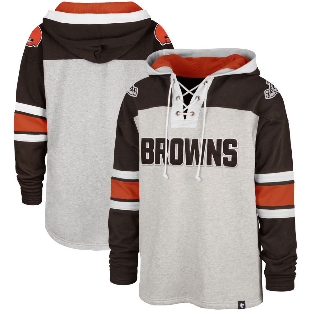 Men's '47 Heathered Gray/Brown Cleveland Browns Gridiron Lace-Up - Pullover Hoodie