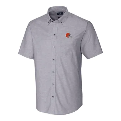 Cleveland Browns Cutter & Buck Stretch Oxford Short Sleeve Woven Button Down Shirt - Charcoal