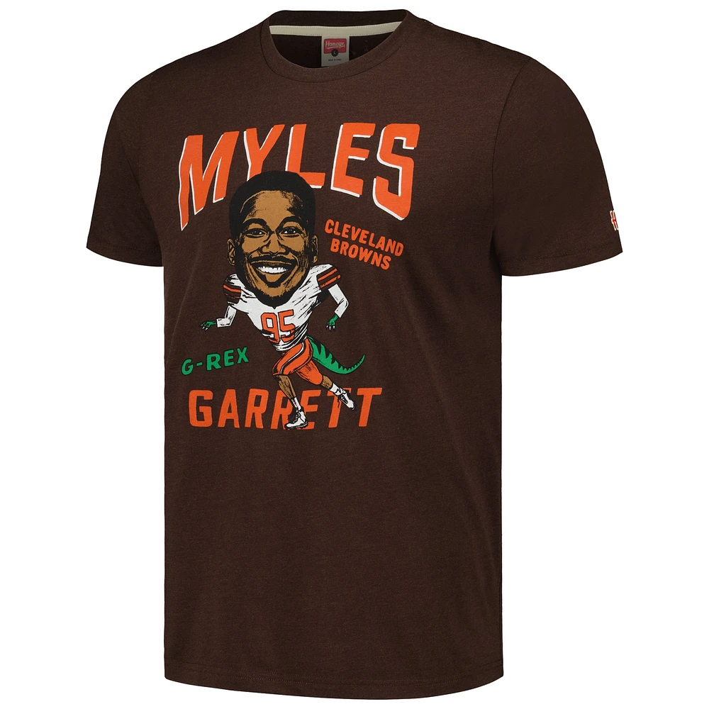 T-shirt triple mélange hommage à Myles Garrett pour hommes, marron chiné, joueur de caricature des Cleveland Browns