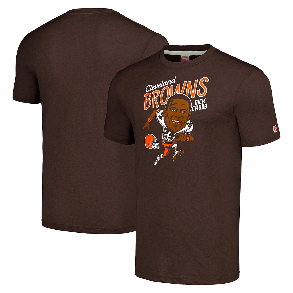 T-shirt à trois mélanges hommage Nick Chubb pour hommes, marron chiné, joueur de caricature des Cleveland Browns