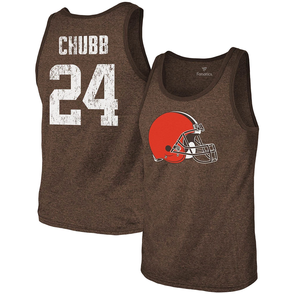 Débardeur tri-mélange avec nom et numéro Majestic Threads pour hommes Nick Chubb Brown Cleveland Browns