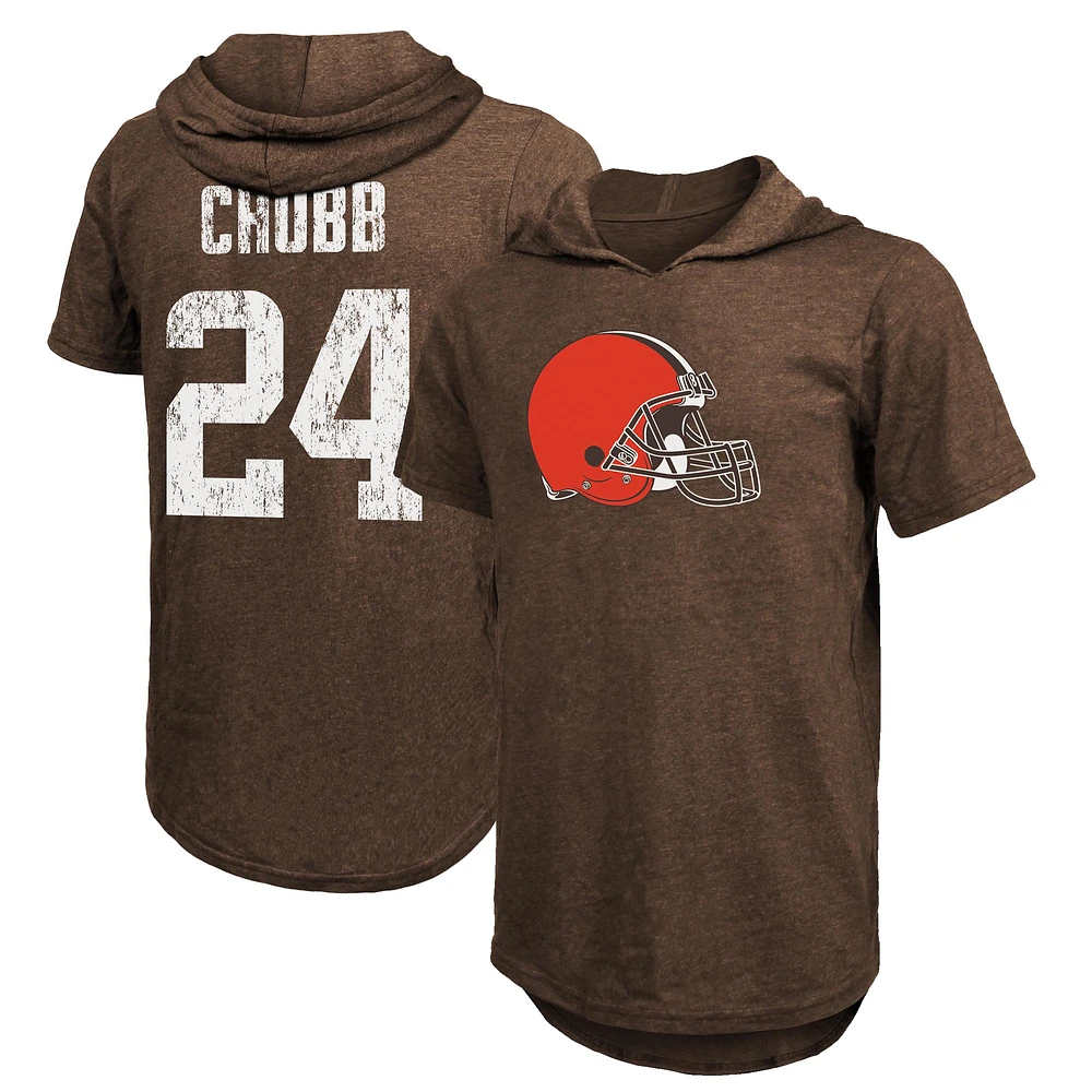 Majestic Threads pour hommes Nick Chubb Brown Cleveland Browns Nom et numéro du joueur Tri-Blend T-shirt à capuche coupe ajustée