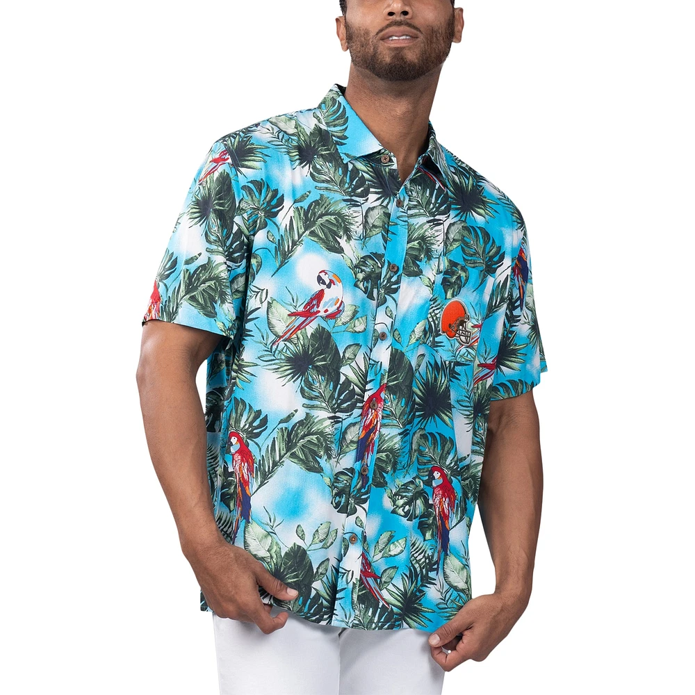 Chemise boutonnée Margaritaville bleu clair Cleveland Browns Jungle Parrot Party pour hommes