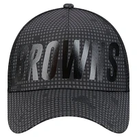 Men's New Era Black Cleveland Browns Throwback Midnight Ink Tonal Text A-Frame Trucker 9FORTY Adjustable Hat