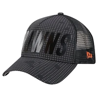 Men's New Era Black Cleveland Browns Throwback Midnight Ink Tonal Text A-Frame Trucker 9FORTY Adjustable Hat