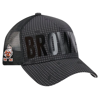 Men's New Era Black Cleveland Browns Throwback Midnight Ink Tonal Text A-Frame Trucker 9FORTY Adjustable Hat