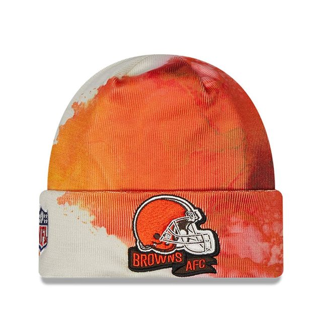 New Era Brown Cleveland Browns 2022 Sideline pour homme - Bonnet en tricot à revers teint à l'encre