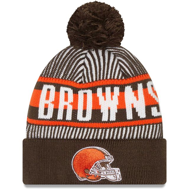 New Era Brown Cleveland Browns Striped pour homme - Bonnet en tricot à revers avec pompon