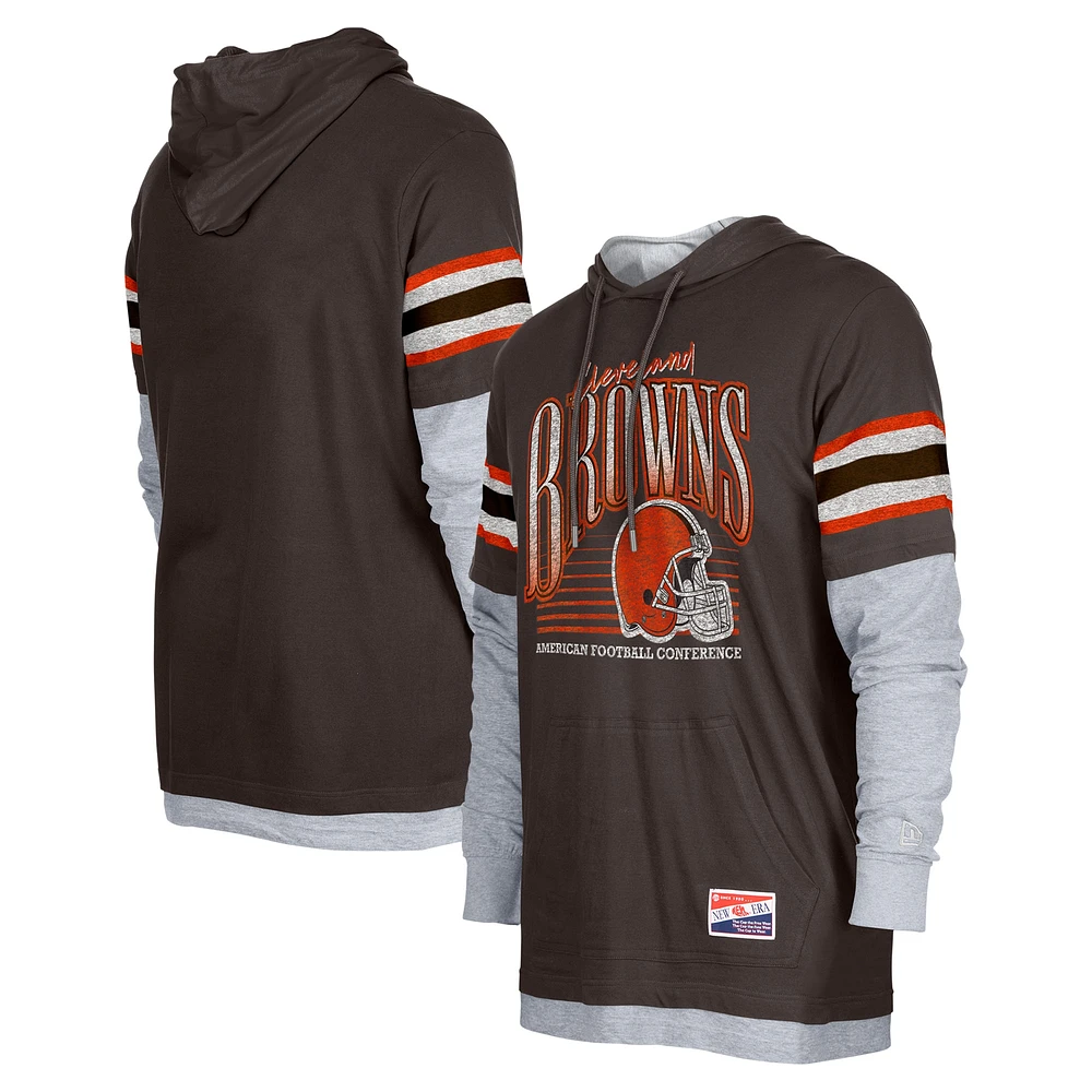 T-shirt à capuche manches longues Cleveland Browns Twofer pour homme New Era marron