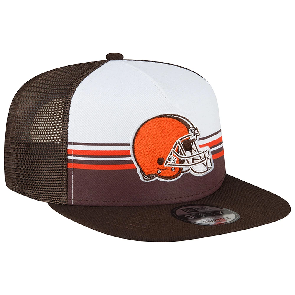 Men's New Era White/Brown Cleveland Browns Striped A-Frame 9FIFTY Trucker Snapback Hat