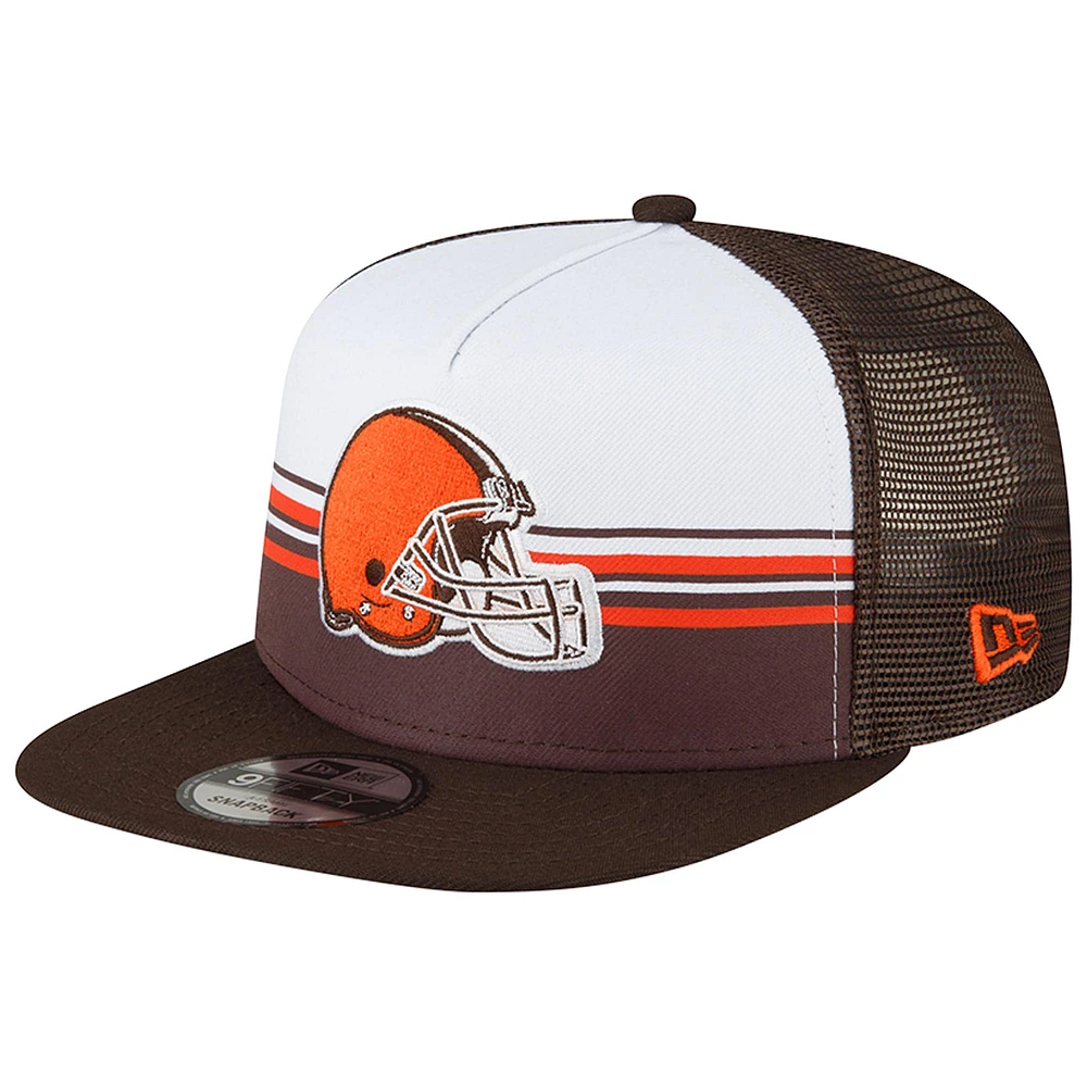 Men's New Era White/Brown Cleveland Browns Striped A-Frame 9FIFTY Trucker Snapback Hat