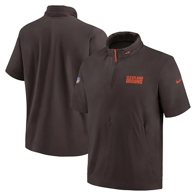 Men's Nike Brown Cleveland Browns 2024 Sideline Coach Short Sleeve Half-Zip Hoodie Jacket