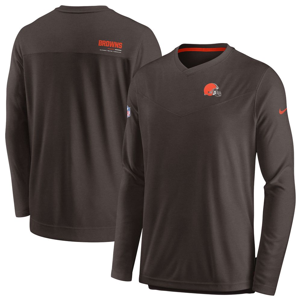 Men's Nike Brown Cleveland Browns Sideline Coach Chevron Lock Up Long Sleeve V-Neck Performance T-Shirt