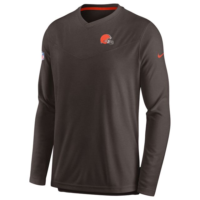 T-shirt de performance à manches longues et col en V Nike Cleveland Browns Sideline Coach Chevron Lock Up pour homme, marron