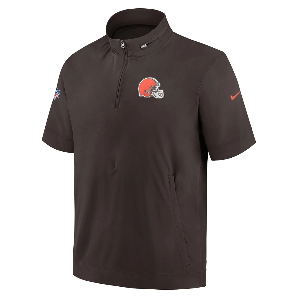 Men's Nike  Brown Cleveland Browns Sideline Coach Short Sleeve Hoodie Quarter-Zip Jacket