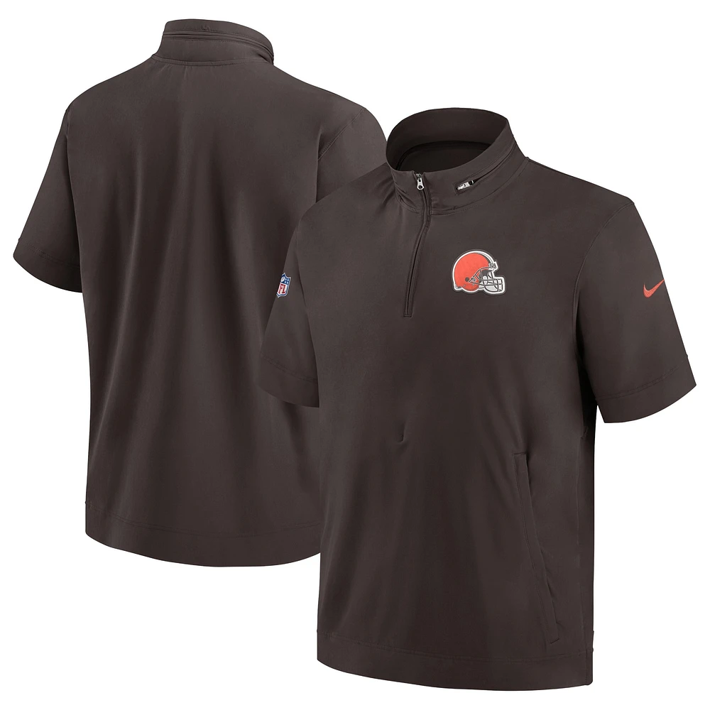 Men's Nike  Brown Cleveland Browns Sideline Coach Short Sleeve Hoodie Quarter-Zip Jacket