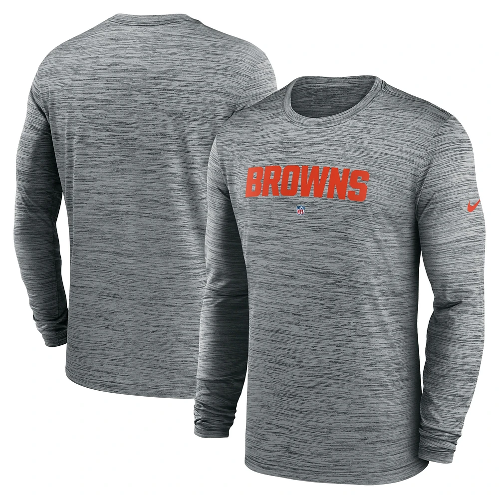 T-shirt à manches longues Nike gris chiné Cleveland Browns Sideline Team Velocity Performance pour hommes