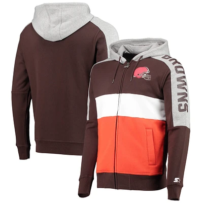 Men's Starter Brown/Orange Cleveland Browns Playoffs Color Block Full-Zip Hoodie