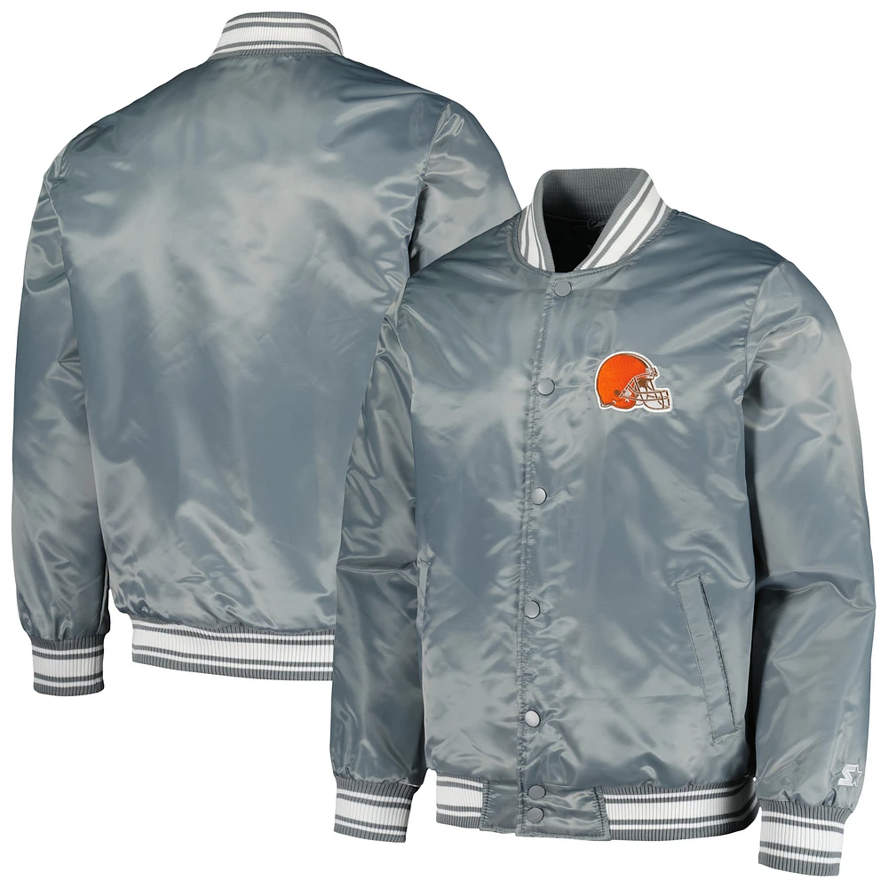 Veste universitaire à bouton-pression en satin pour hommes Starter Heather Charcoal Cleveland Browns Locker Room