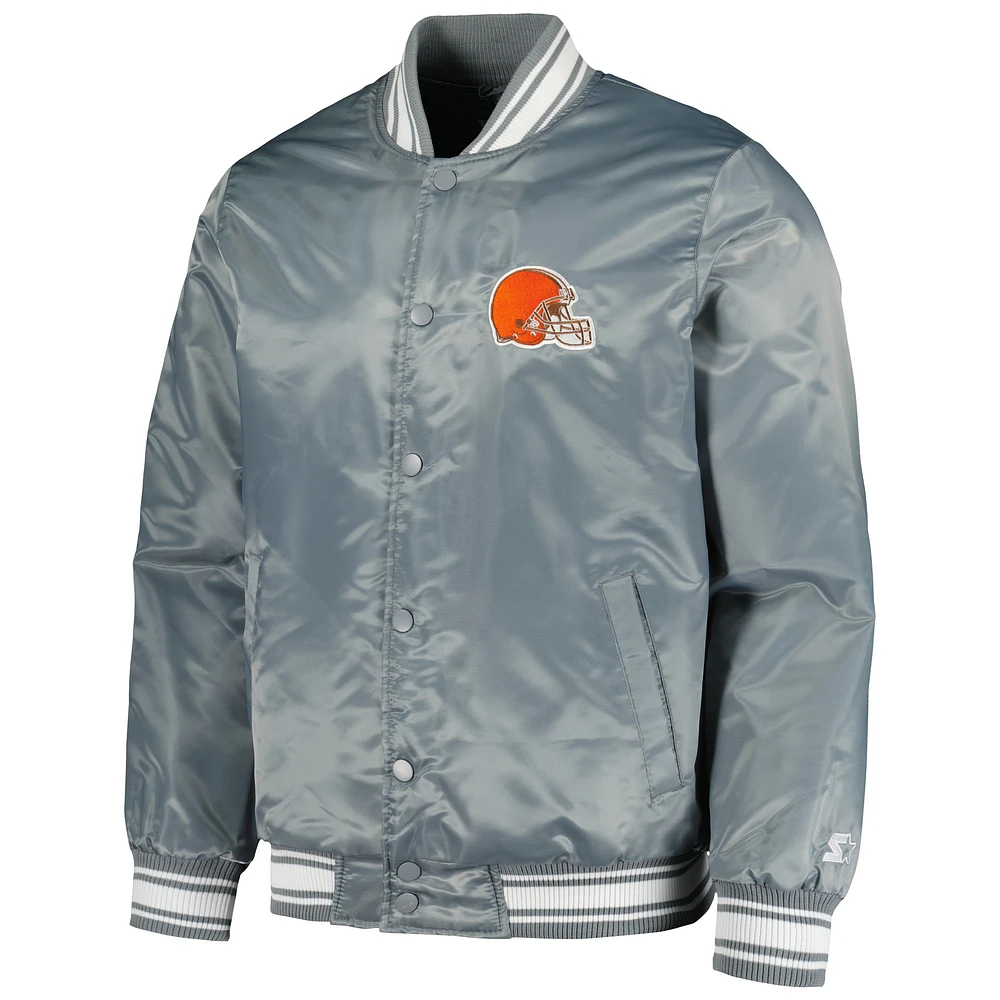 Veste universitaire à bouton-pression en satin pour hommes Starter Heather Charcoal Cleveland Browns Locker Room