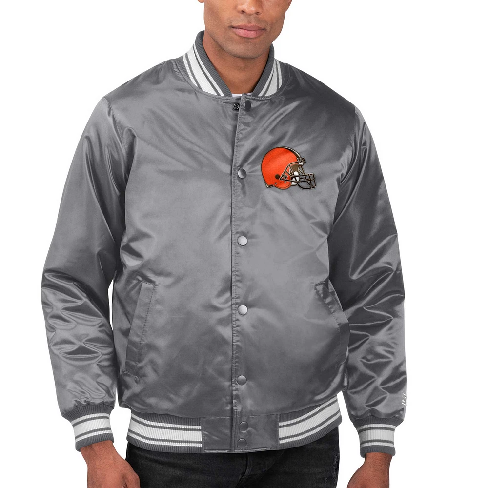 Veste universitaire à bouton-pression en satin pour hommes Starter Heather Charcoal Cleveland Browns Locker Room