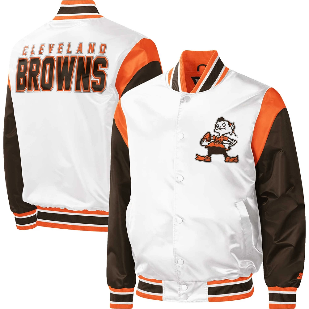 Men's Starter White Cleveland Browns Warm Up Pitch Full-Snap - Varsity Jacket