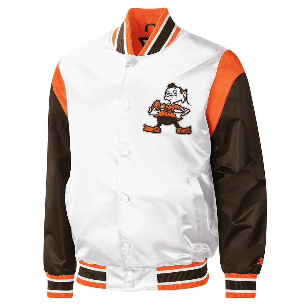 Men's Starter White Cleveland Browns Warm Up Pitch Full-Snap - Varsity Jacket