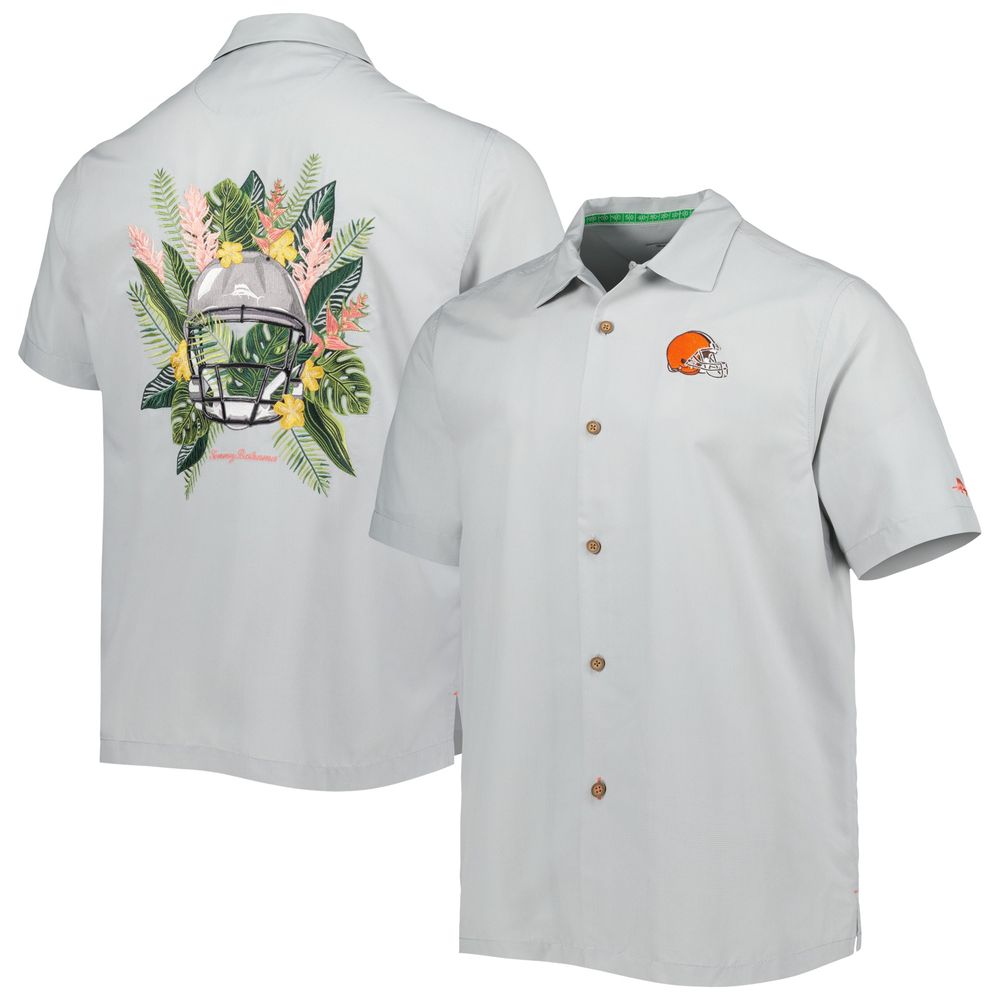 Men's Tommy Bahama Gray Cleveland Browns Coconut Point Frondly Fan Camp IslandZone Button-Up Shirt