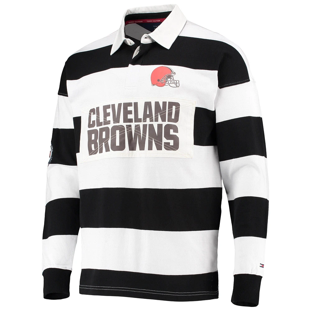 Tommy Hilfiger Polo à manches longues de rugby rayures universitaires Cleveland Browns noir/blanc pour homme