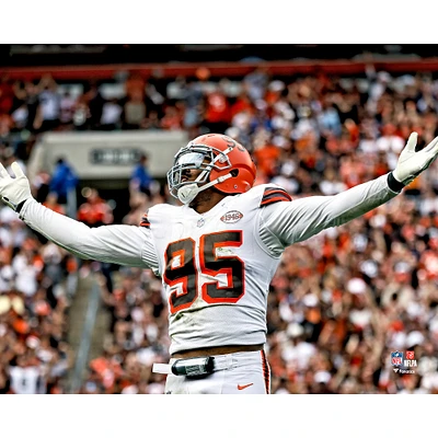 Myles Garrett Cleveland Browns Unsigned Celebrates a Sack White Jersey Photograph