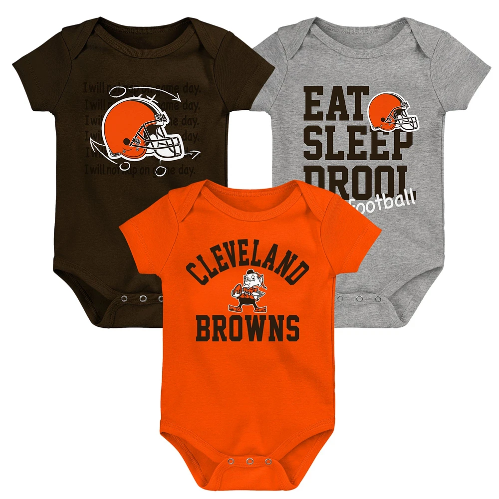 Newborn & Infant Brown/Orange/Heather Gray Cleveland Browns Three-Pack Eat, Sleep Drool Retro Bodysuit Set