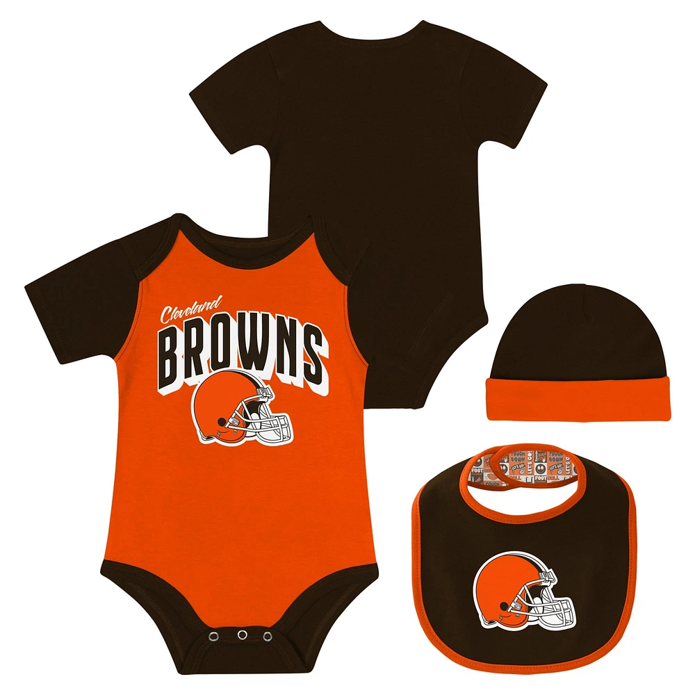 Newborn & Infant Cleveland Browns Dynamic Duo Bodysuit, Bib Knit Hat Set