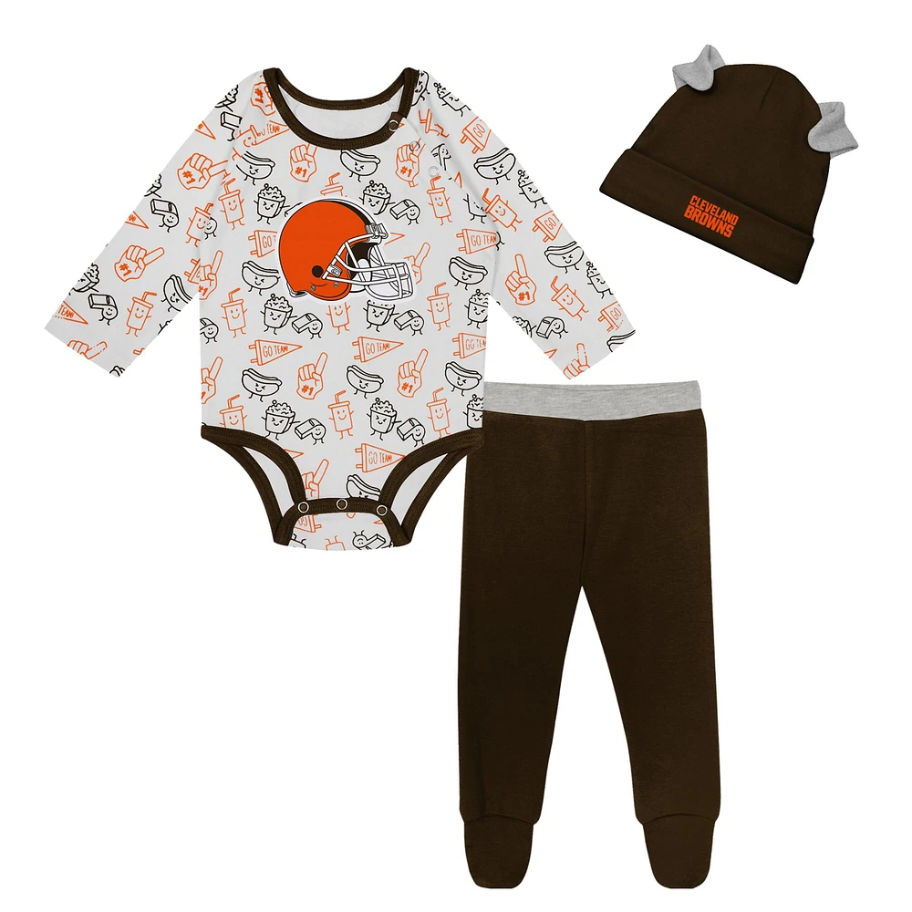 Ensemble 3 pièces avec body à manches longues, pantalon et bonnet en tricot revers Little Champ des Cleveland Browns pour nouveau-nés nourrissons