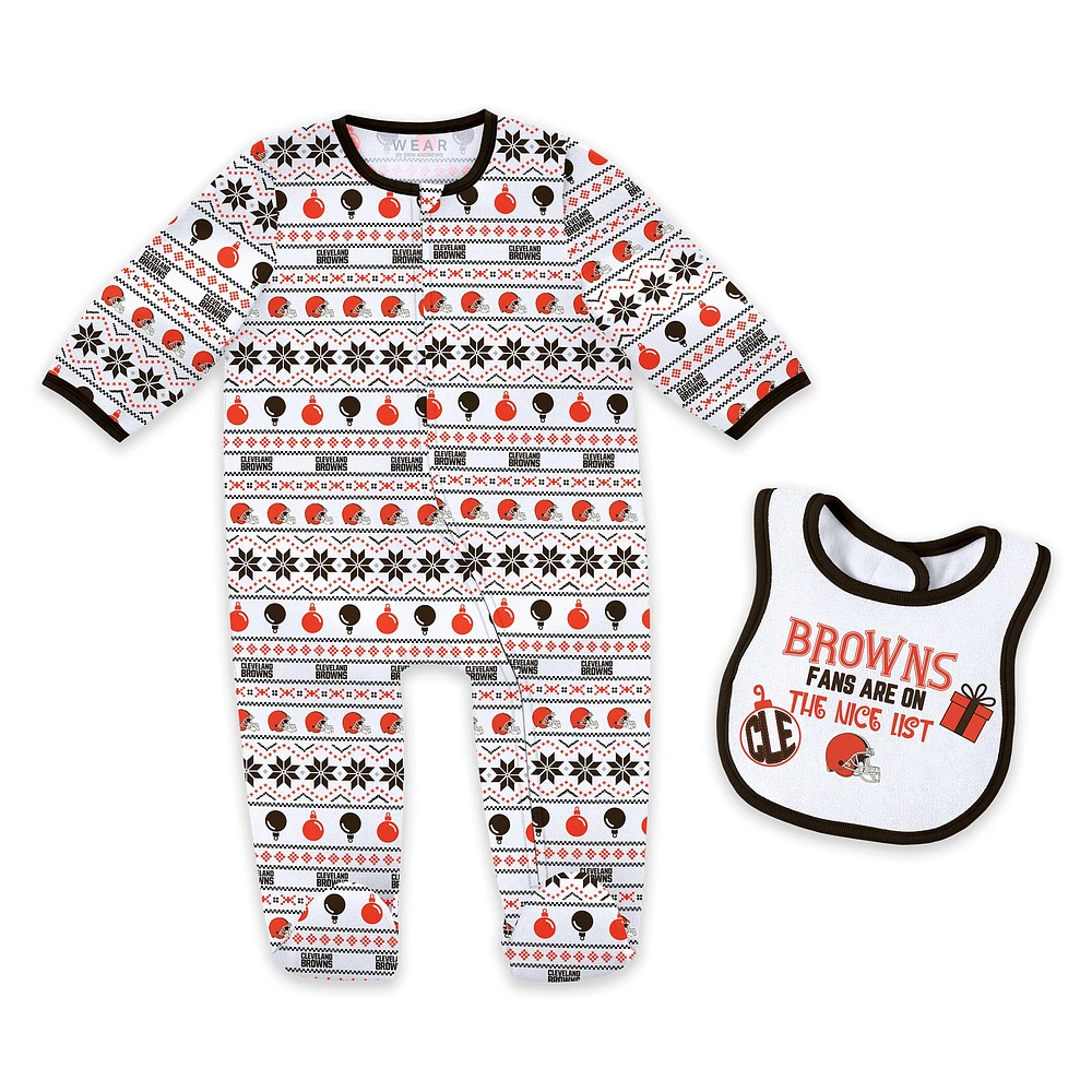 Ensemble pyjama et bavoir à fermeture éclair pour nouveau-né bébé par Erin Andrews Cleveland Browns Allover Print