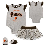 Ensemble trois pièces body, jupe et chaussons Newborn Heather Grey/Brown Cleveland Browns All Dolled Up