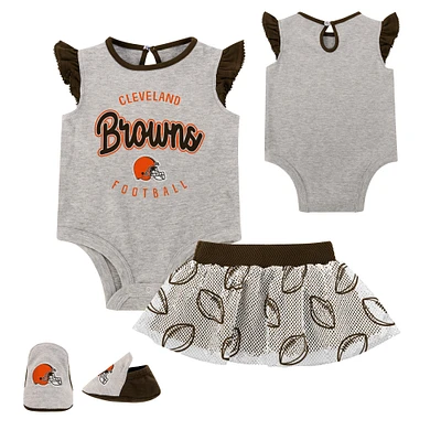 Ensemble trois pièces body, jupe et chaussons Newborn Heather Grey/Brown Cleveland Browns All Dolled Up