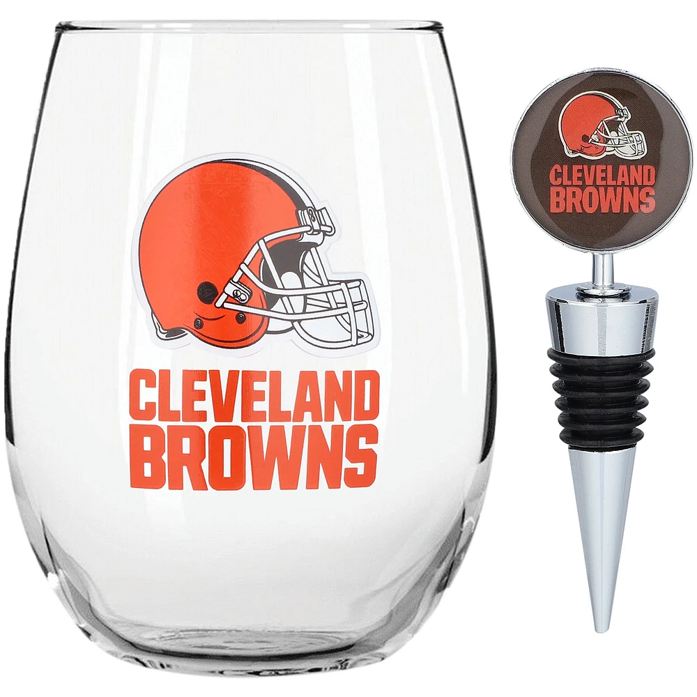 Verre à vin sans pied Cleveland Browns de 15 oz avec bouchon pour bouteille de vin de The Memory Company