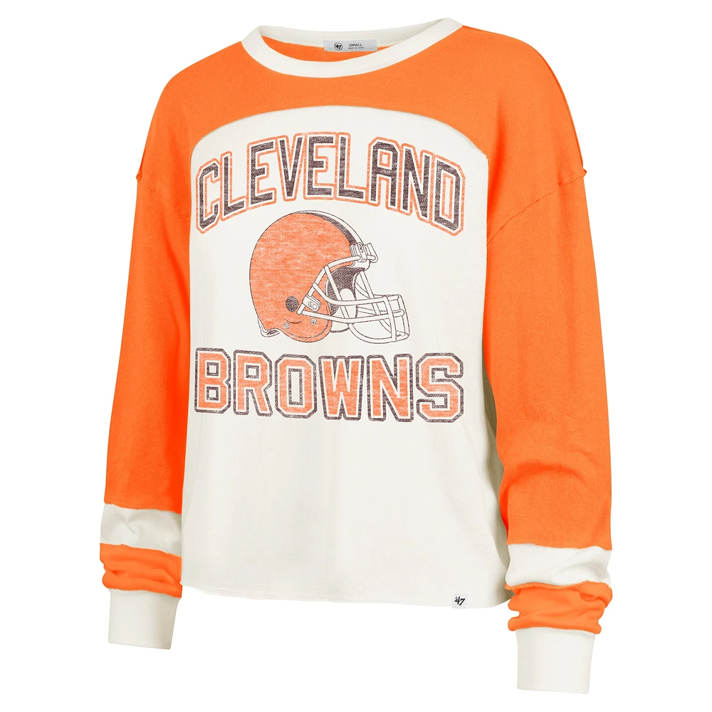 Women's '47 Cream Cleveland Browns Double Header Curve Raglan Long Sleeve Crop Top