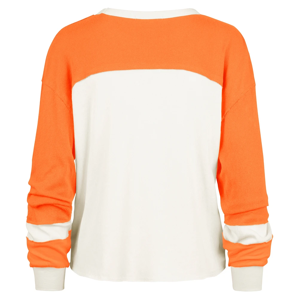 Women's '47 Cream Cleveland Browns Double Header Curve Raglan Long Sleeve Crop Top