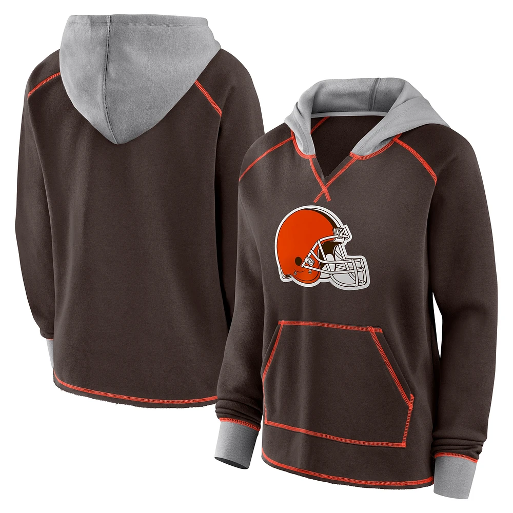 Women's Brown Cleveland Browns Boom Fleece Pullover V-Neck Hoodie