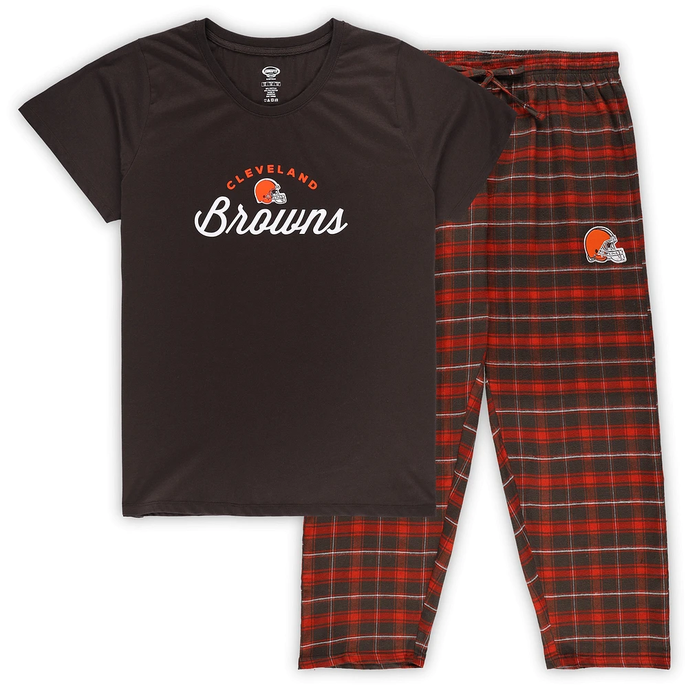 Women's Concepts Sport Brown Cleveland Browns Plus Badge T-Shirt & Flannel Pants Sleep Set