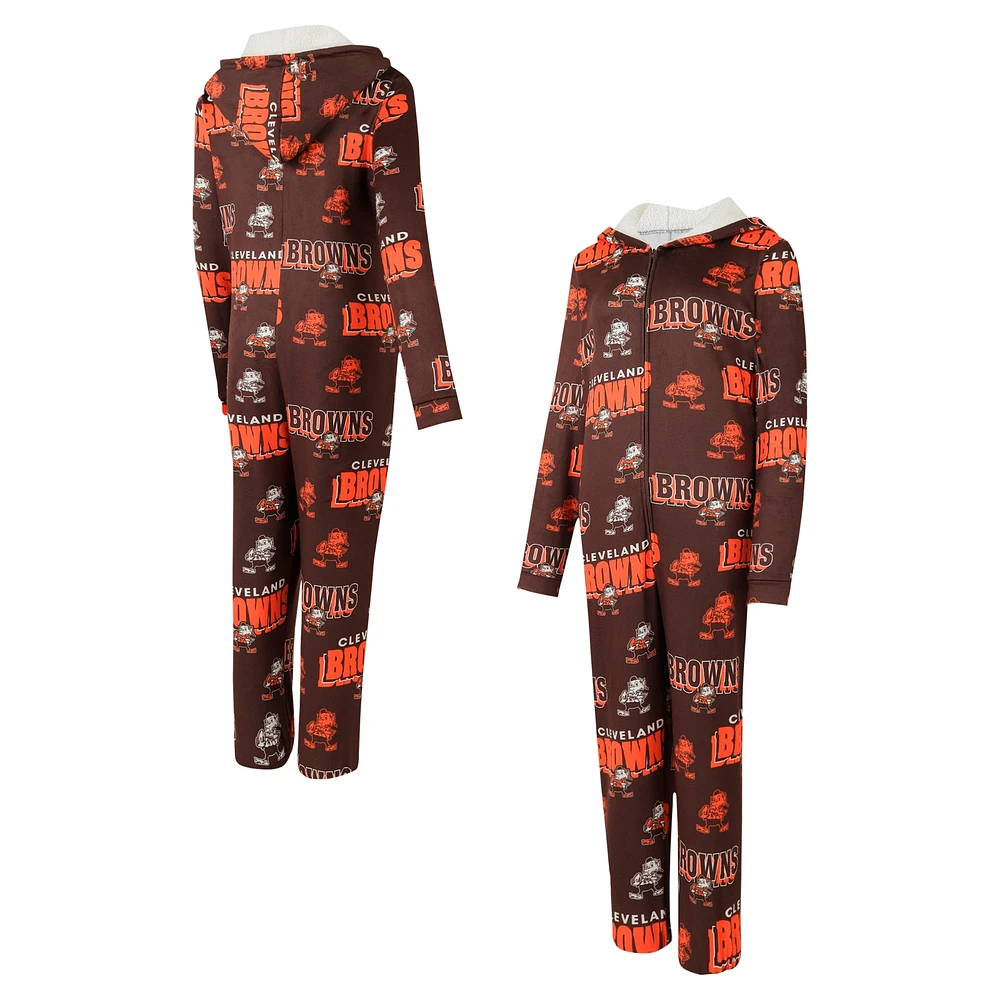 Women's Concepts Sport Brown Cleveland Browns Throwback Roadway Allover Print Microfleece Full-Zip Union Suit