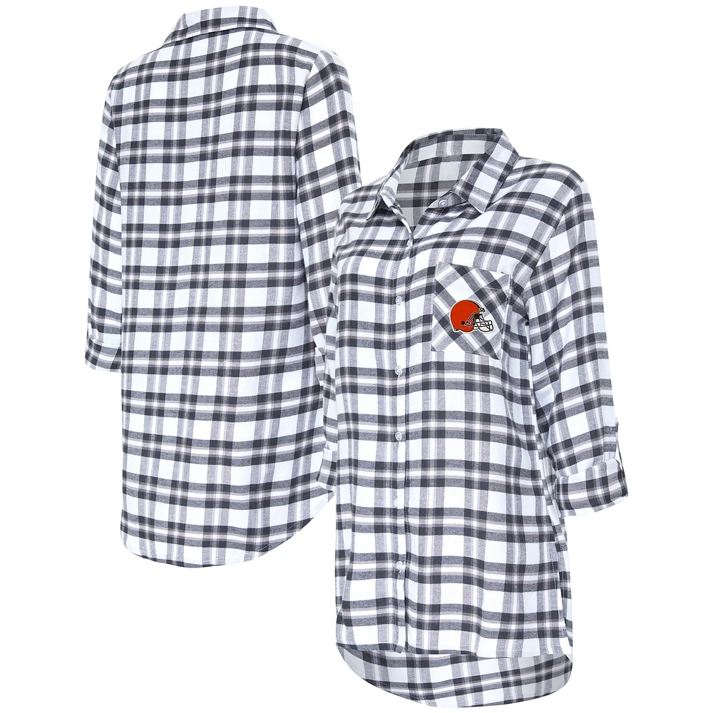 Women's Concepts Sport Charcoal Cleveland Browns Sienna Plaid Full-Button Long Sleeve Nightshirt