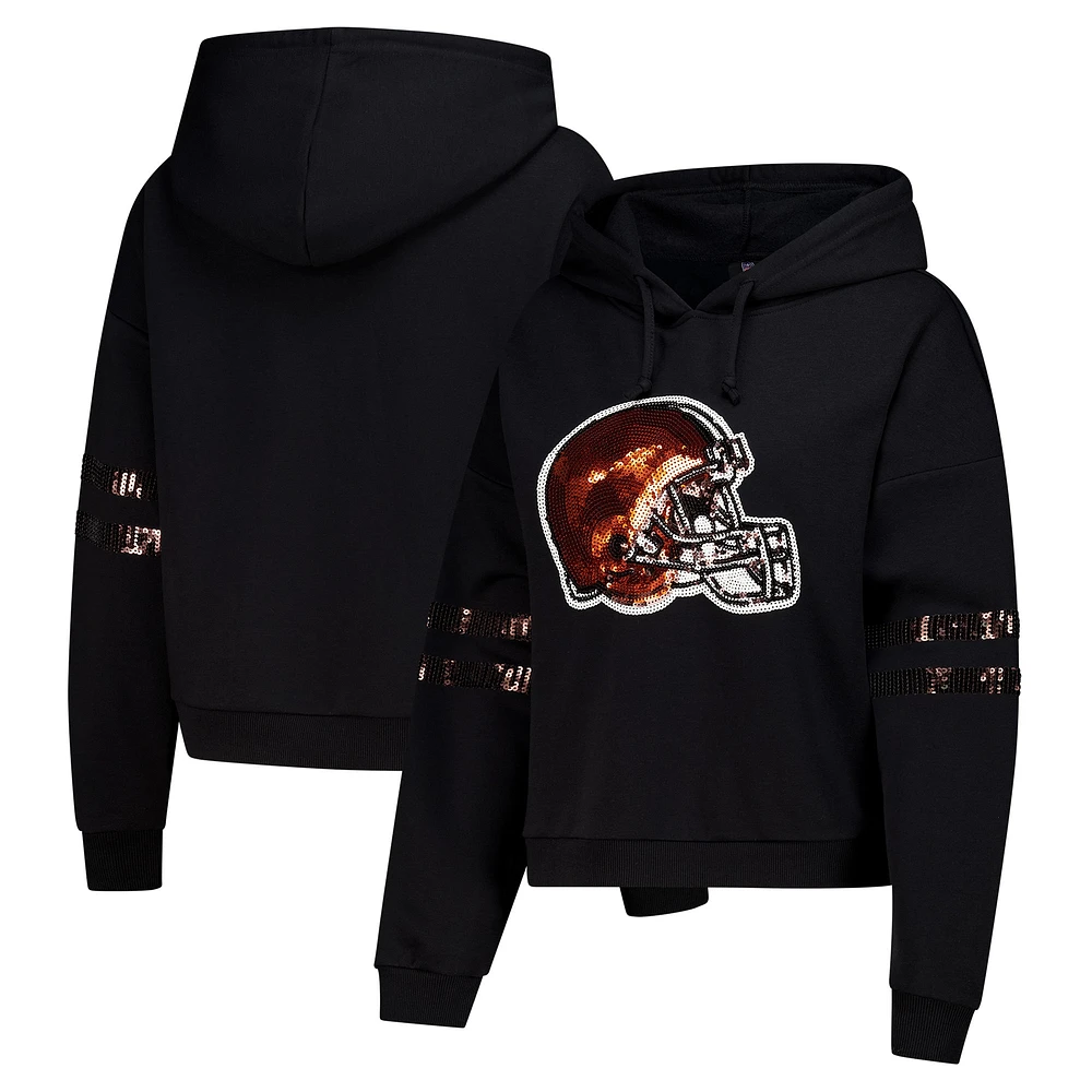 Women's Cuce Black Cleveland Browns Cropped Sequins Pullover Hoodie