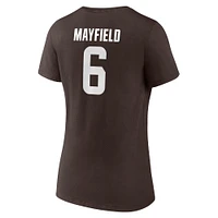 T-shirt à col en V avec nom et numéro d'icône du joueur des Cleveland Browns Fanatics Baker Mayfield marron pour femmes